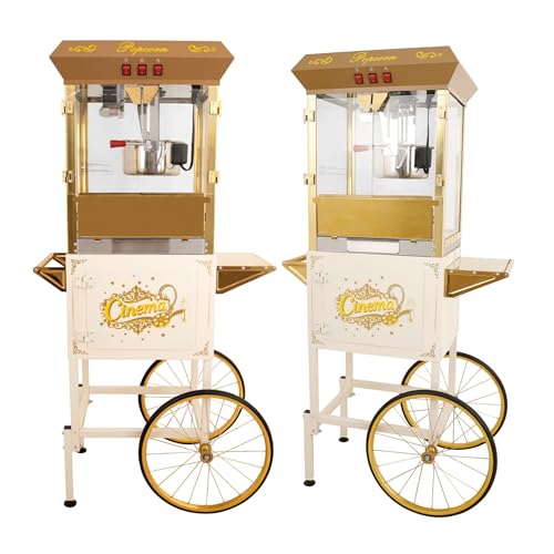 Image of 16Oz Commercial Popcorn Machine With Cart and 16 Oz Kettle, Movie Theater Popcorn Machine, Silver Golden Pop Corn Machine with 3-Switch Control & Steel Frame Tempered Glass Doors