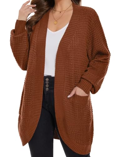 Image of MONNURO Womens Plus Size Open Front Cardigan Waffle Knit Long Sleeve Sweaters Tops Fall Coat Outerwear with Pockets