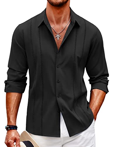 COOFANDY Mens Casual Beach Button Down Shirts Long Sleeve Cuban Camp Guayabera Shirts Black