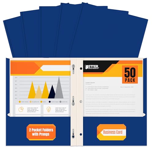 Better Office Products Blue Paper 2 Pocket Folders with Prongs, 50 Pack, Matte Texture, Letter Size Paper Folders, 50 Pack, with 3 Metal Prong Fastener Clips, Blue