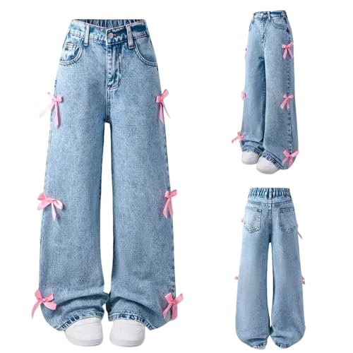 Teen Girl Clothes,Bow Jeans for Girls Cute Baggy Jeans Wide Leg Denim Pants High Waisted Trousers Kids Y2k Streetwear