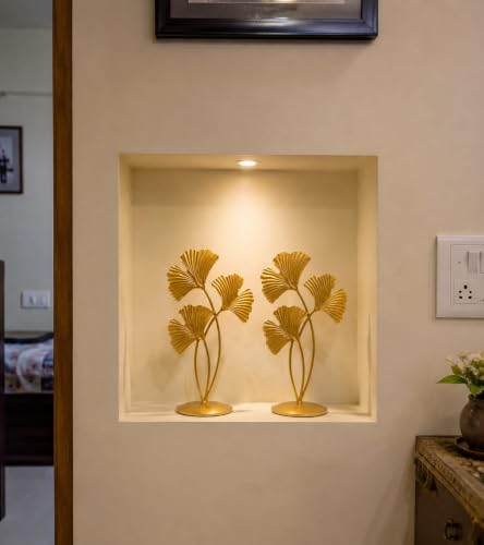 Image of (Set of 2) Iron Gold Plated 3 Leaf Shape 7.5 Inches Table Stand for Home & Living Room Decor | Metal Ginkgo Leaf Showpiece for Office, Bedroom & Shelf Decoration | Decorative Items for Home