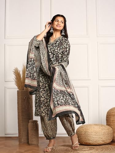 Image of ishin Kalamkari Embellished Cotton Kurta with Afghani Pants & Flowy Mulmul Dupatta | Kurta set for women | Kurta with trousers and dupatta