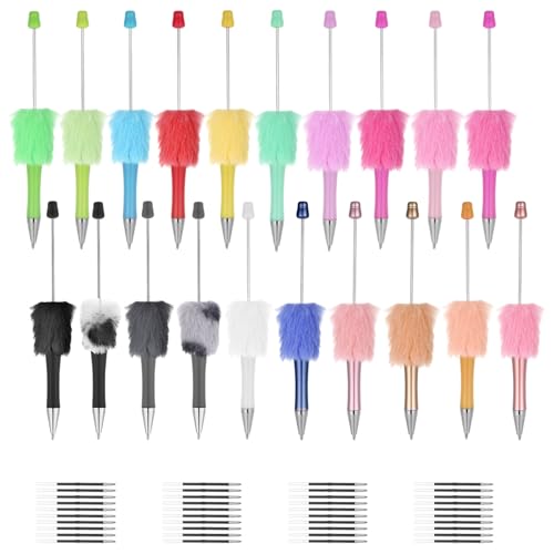 20 Pcs Fluffy Beadable Pens, Plastic Beadable Pens Bulk Cute Plush Ball with Funny Pom Pom Shaft Black Ink for Christmas DIY Graduation Gifts Office School Writing Gifts Supplies (20 Colors)