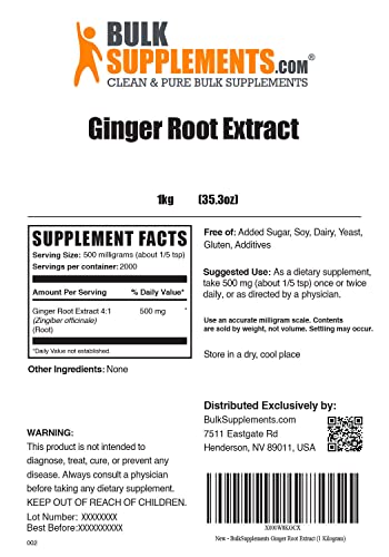Bulksupplements.com Ginger Root Extract Powder - Herbal Extract, Ginger Supplements Powder - 500Mg Of Ginger Extract Per Serving, Gluten Free & Pure Ginger Powder (1 Kilogram - 2.2 Lbs) #TOP1