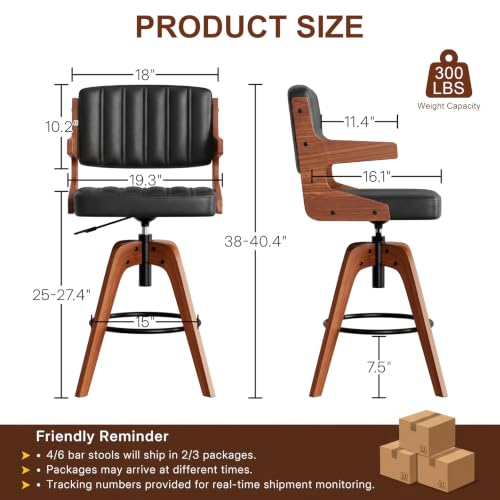 Image of Bar Stools Set of 4, Adjustable Swivel Counter Height Kitchen Island | Set of 4 Mid Century Counter Stools, Swivel Barstools with Back, Faux Leather Upholstered Bar Chair with Arm Back