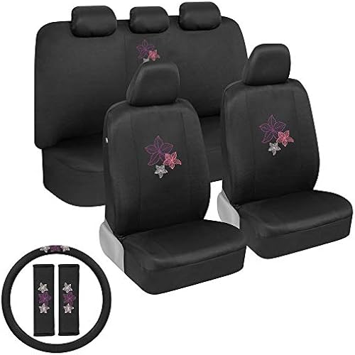 BDK Multicolor Hawaiian Flower Print Car Seat Covers, Full Set with Steering Wheel Cover and Seat Belt Pads, Front and Rear Universal Fit for Car Truck SUV Van, Cute Auto Interior Accessory for Women