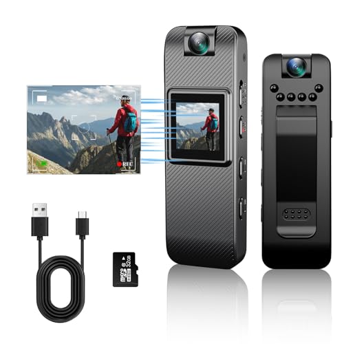 Mini Body Camera, HD 1080P Wearable Body Cam, Small Pocket Camera with 32GB SD Card, Night Vision, 1.3-inch Display, 180° Rotating Lens, Portable Video Recorder for Law Enforcement Sports Delivery