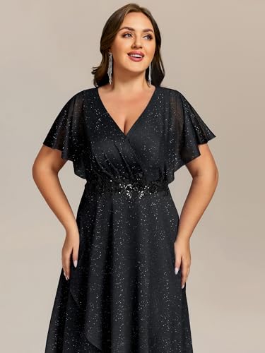 Image of Ever-Pretty Plus Women's V Neck Short Sleeves Pleated Applique High Low Glitter Midi Plus Size Wedding Guest Dresses