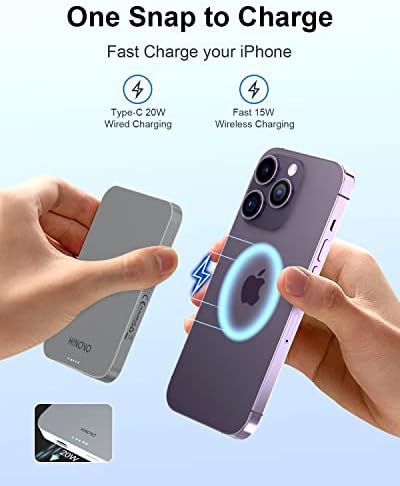 HINOVO Power Bank, 5000mAh Magnetic Wireless Portable Charger iphone Compatible with Magsafe, Metal Design 0.35 Ultra Slim 15W Fast Charging Power Bank with LED Indicator for iPhone 14/13/ 12 Series