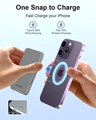Hinovo Magnetic Wireless Power Bank, 5000Mah Mag-Safe Battery Pack Ultra Slim 0.35” & Metallic Portable Charger Iphone, 20W Usb-C Pd Charging & 15W Wireless Charger Compatible With Iphone 14/13/12 #TOP5