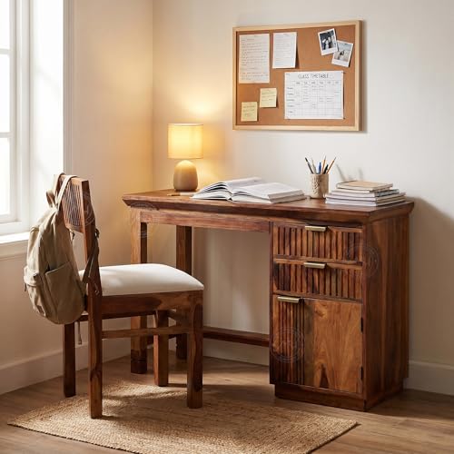 Image of NSH Solid Sheesham Wood Study Table with Chair | Wooden Writing Desk with Drawer & Door Storage | Pre-Assembled Computer Desk Workstation for Home Office & Study Room | Honey Finish