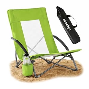 Relaxdays Strandstuhl faltbar, Tasche, Getränkehalter, 135 kg, Mesh-Design, Leichter Klappstuhl, Polyester, Metall, grün
