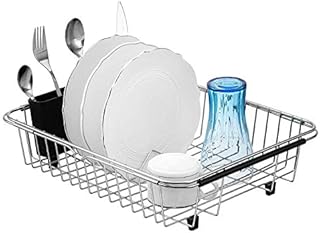 iPEGTOP Extendable Dish Drying Rack, Over The Sink in Sink Or On Counter Dish Drainer with Removable Utensil Holder, Rustproof Stainless Steel