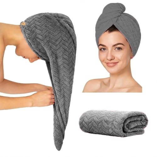 Image of MAXOSHINE Hair Towel Wrap for Women-Quick Drying Microfiber Towel for Hair with Elastic Loop for Tying-Super Absorbent Head Towels Wrap for Ladies Hair Turban (Dark Grey)