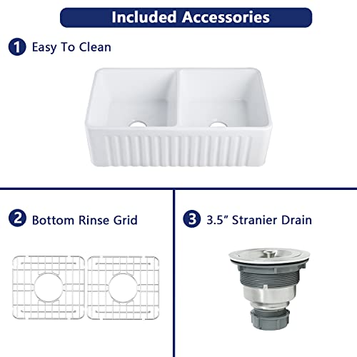 Double Bowl Kitchen Sinks,Deervalley Dv-1K028 33" L X 18" W White Farmhouse Ceramic Kitchen Sink,Reversible Double Bowl Farmhouse Sink With Apron Front Porcelain Ceramic Kitchen Sinks #TOP4