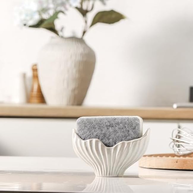 Sponge Holder for Kitchen Sink, Ceramic Dish Sponge Holder with Fishtail Design, Sink Caddy Organizer for Countertop, Farmhouse Kitchen Decor, Compact Sinks Caddy Dish Sponge Holders(White)