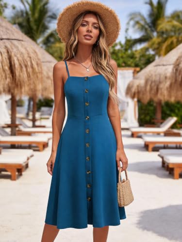 Image of Berydress Women's Casual Beach Summer Dresses 2026 Solid Cotton Flattering A-Line Spaghetti Strap Button Down Midi Sundress