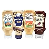 Pack 4 Salsas Gourmet Variadas – Mayonesa de Trufa, Salsa 3 Pimientas, Salsa Cocktail y Barbacoa Clásica – Formato Boca Abajo Antigoteo – Ideal para Carnes, Hamburguesas y Patatas