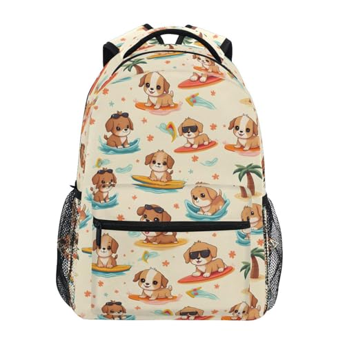 Surfboard Dog Puppy Palm Tree Backpack for School Boys Girls Adults Kids Bookbag Laptop Bag 15L