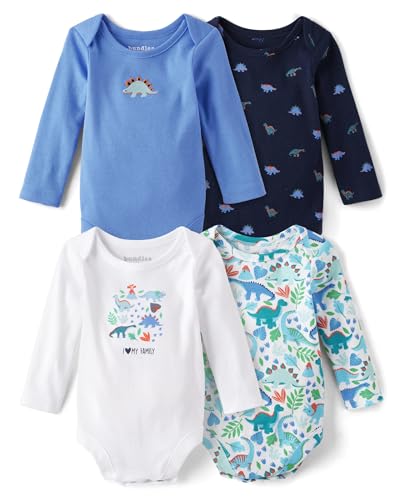 Image of The Children's Place Baby Boy's and Newborn Long Sleeve Bodysuits, Spring Dino 4 Pack