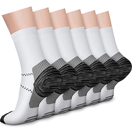 CHARMKING 6 Pairs Crew Compression Socks for Women & Men Circulation 15-20 mmHg is Best for All Day Wear Running Nurse (L/XL, White Grey)
