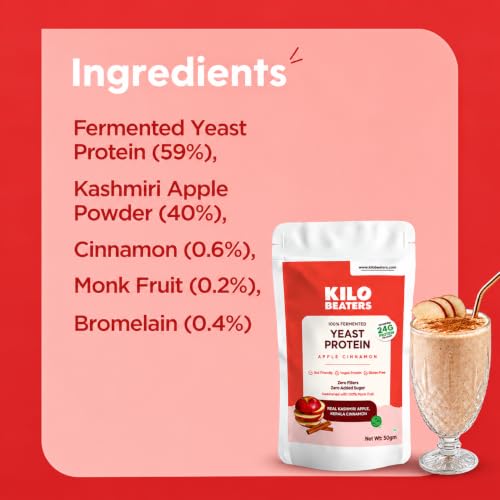 Image of Kilobeaters Fermented Yeast Protein Powder | Apple Cinnamon Flavour | 24g Protein Per Serving | Vegan Plant Protein | Gut Friendly | Gluten Free | Zero Added Sugar | Zero Fillers | 50g (Pack of 4)