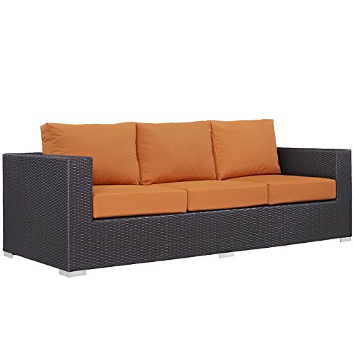 Modway Convene Wicker Rattan Outdoor Patio Sofa with Cushions in Espresso Orange