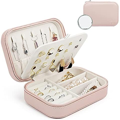 BELICOO Jewellery Box, Small Jewelry Travel Organiser with Mirror for Earrings,Rings,Necklace Portable Faux Leathe Jewelry Box for Women Girls Pink Cover