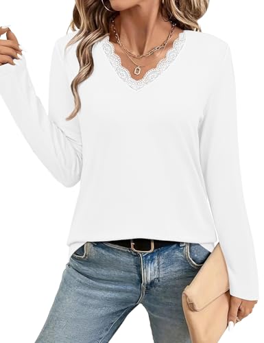 JUSTFASHIONNOW Women's Long Sleeve Tops V Neck Shirts Lightweight Ladies Tops Blouses Dressy Casual Tunic Trendy Cute Winter Clothing for Women (White,Large)