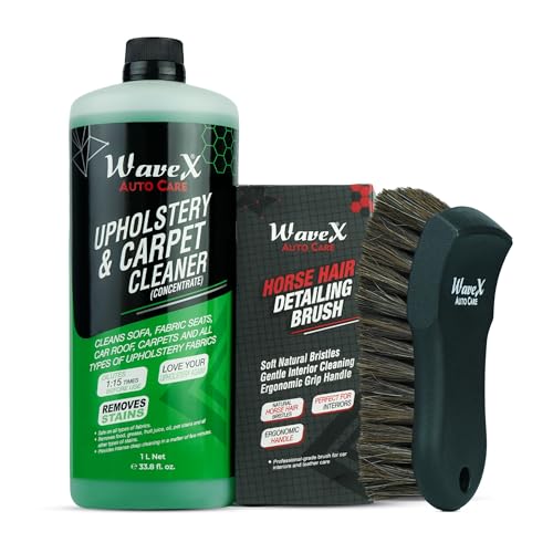 Image of Wavex Upholstery Cleaner 1L with Horse Hair Brush | Carpet, Sofa, Car Interior, Roof Liner & Fabric Cleaner Combo