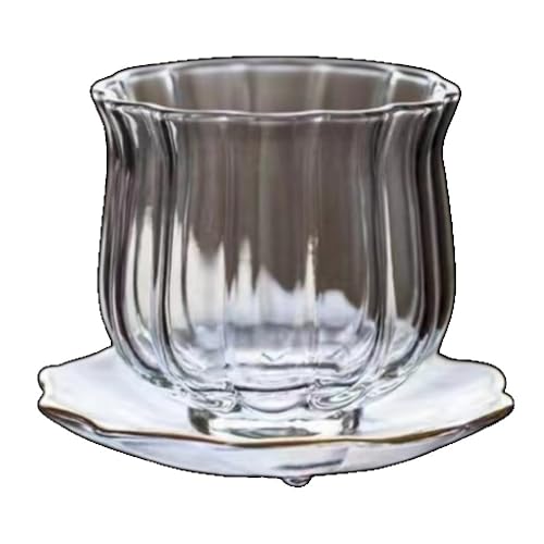 AKILERソーサー付 ソーサー付 カップ グラス 透明 耐熱 茶こし 紅茶 ポット 色味がわかる ペアセット 新生活 ハーブティー 紅茶 おしゃれ 人気 かわいい シンプル レース フリル クリア オール 軽量 (b,1)