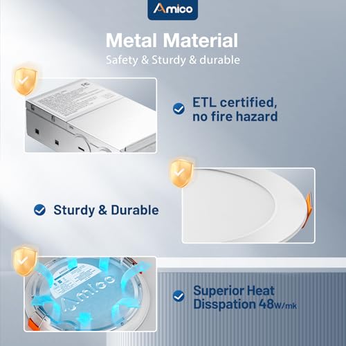 Amico 20 Pack 6 Inch 5CCT Ultra-Thin LED Recessed Ceiling Light with Junction Box, 2700K/3000K/3500K/4000K/5000K Selectable, 12W Eqv 110W, Dimmable Can-Killer Downlight, 1050LM Wafer Lighting - ETL by Amico - Image 4
