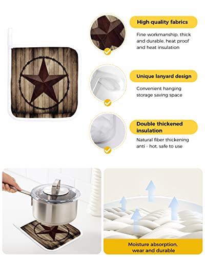 Pot Holder Set Of 4 Western Farm Star Texas Art Potholder Heat Proof Non-Slip Pot Holders,Vintage Farmhouse Wooden Board Hot Pads Potholders For Kitchen Cooking Baking Bbq #TOP1