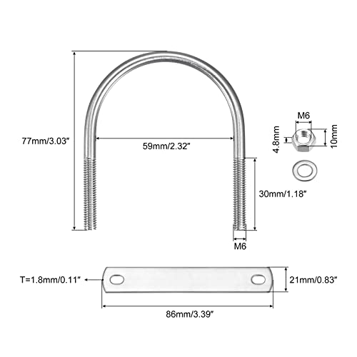 Image of uxcell Round U-Bolts, 59mm(2.32 inch) Inner Width 77mm Length M6 304 Stainless Steel U Clamp Bolt with Nuts Washers and Plates, for Boat Trailer