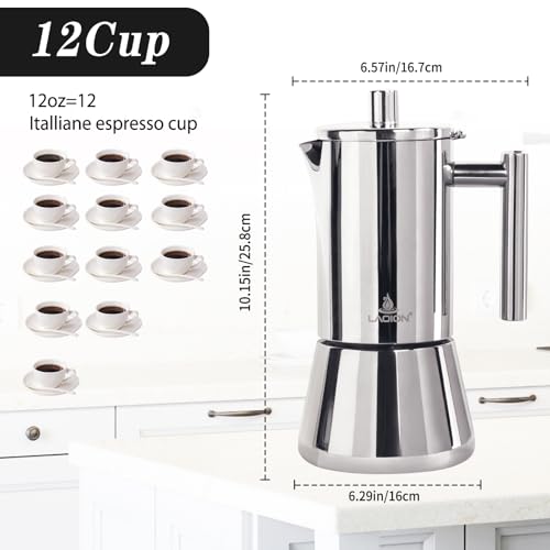 LAOION Stovetop Espresso Maker, 12Cup 17.5 oz Moka Pot, Stainless Steel Cuban and Italian Coffee Maker for Cafetera Cubana, Greca De Cafe Induction Stovetop Compatible, Coffee Gift for Home Travel