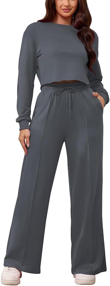 PINSV Women's 2 Piece Outfits Sweatsuit Set Long Sleeve Crop Top Drawstring Wide Leg Pants with Pockets Tracksuits Casual Set - Image 5