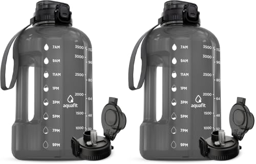 Image of AQUAFIT 1 Gallon Water Bottle with Time Marker - Straw & Chug Lid - BPA Free Gym Water Bottle with Straw - Big Gallon Jug (Gray, 128 oz - 2in1 Lid) (Pack of 2)