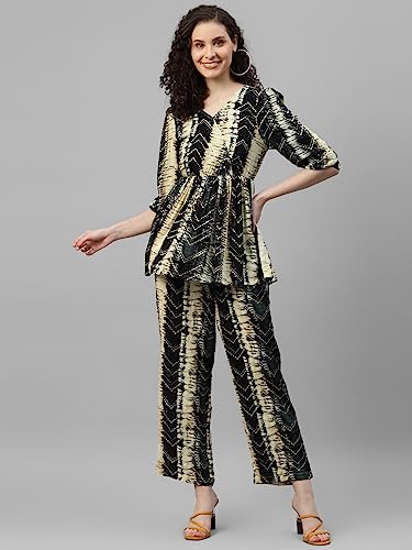Image of DEEBACO Striped Rayon Flared Tunic & Straight Pants Co-Ord Set For Women V-Neck & 3 /4 Puff Sleeve Ladies Party Casual Wear Fashionable For Girl Relaxed Fit Cord Set (DBCOMR00000904 M Multicolor)