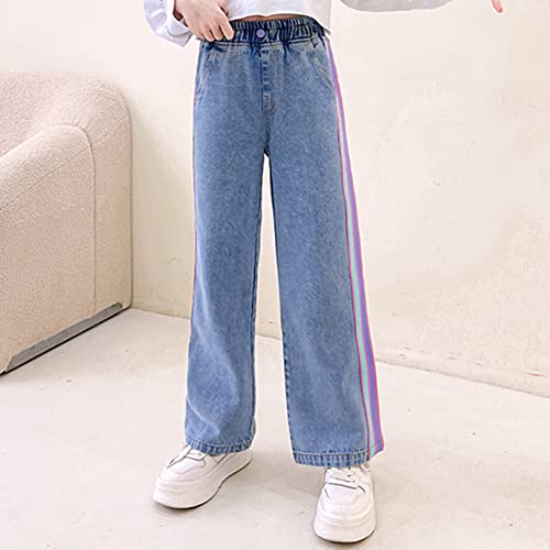 FEESHOW Kids Girls Stripe Patchwork Jeans Elastic Waist Wide Leg Denim Long Pants Trousers for Daily Wear2