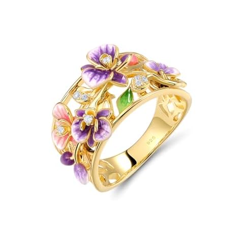Santuzza 925 Sterling Silver Purple & Pink Cosmos Cubic Zirconia Ring Enamel Flowers & Leaves Flower Openwork Ring for Women (7) Cover