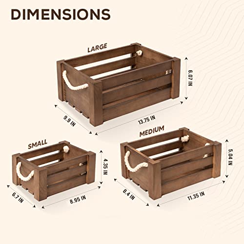 Set Of 3 Rustic Wood Crates For Decoration With Rope Handles, Nesting Wooden Crates For Storage, Stackable, Mountable And Decorative Wood Crates For Display #TOP1