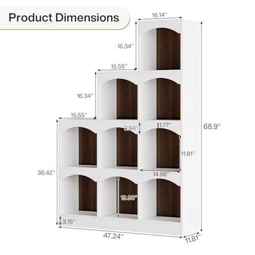 Image of Tribesigns 9 Cubes Bookshelf, Modern 9-Cube Stepped Etagere Bookcase, L-Shaped Ladder Corner Open Bookshelf, Wood Storage Display Shelf for Living Room Home Office, White