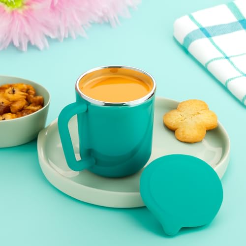 Image of XMART India Insulated Stainless Steel Coffee Mug with Lid - 300ml Double Wall Tea & Milk Mug for Travel, Home, Office, Restaurant Stylish, Leakproof, Drinkware Gifts for Woman,Man (1, Teal)