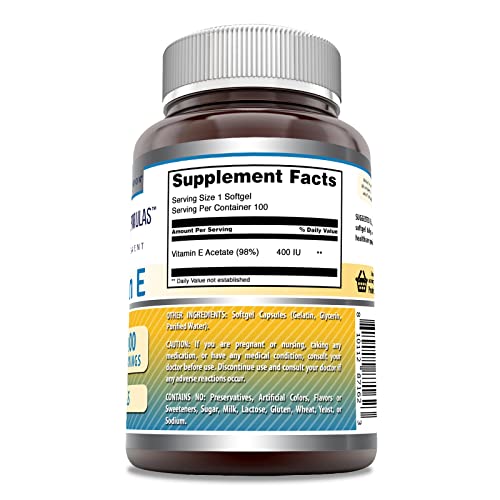 Amazing Formulas Vitamin E 400 IU Per Serving Supplement | Non-GMO | Gluten Free (100 Softgels)