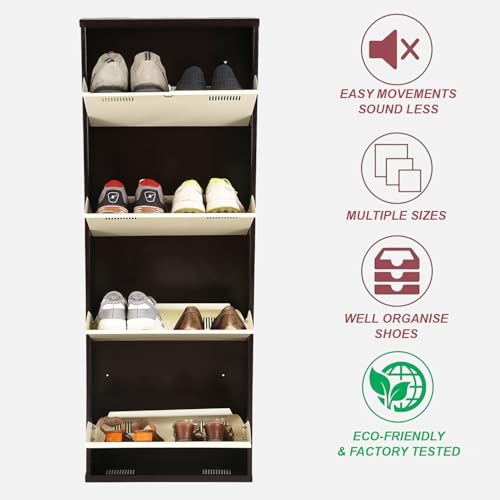 Image of Metal Shoe Rack Wall Mounted for Home with Central Locking 4 Door 20 inch Wall Mounted Metal 8 Pair Shoe Rack Cabinet Pre-Assembled Rack Shelves | 3 Year Warranty (Brown & Ivory)