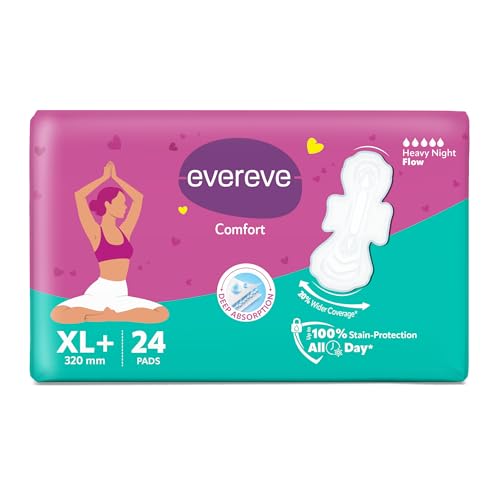 Image of Evereve Comfort Sanitary Pads for Women, XL+ 320mm, 24 Pads, Longest and Widest Day Pad, Thick Soft Fabric, Breathable Rash-Free Wear, Deep Absorption, Up to 100% Leak Protection, All Day Comfort
