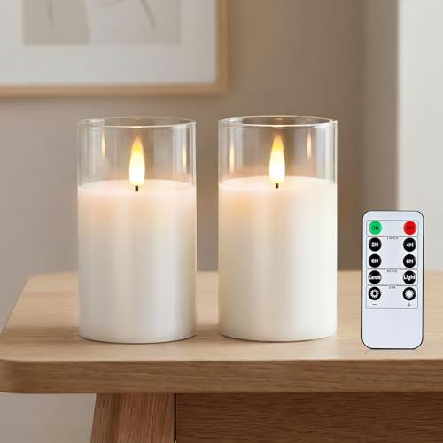 Image of Amagic 3 inchx5 inch Clear Glass Flameless Candles Battery Operated with Timer, Remote Control, LED Pillar Candles, Battery Powered, Valentine's Day Decor, Pure White Wax, Set of 2