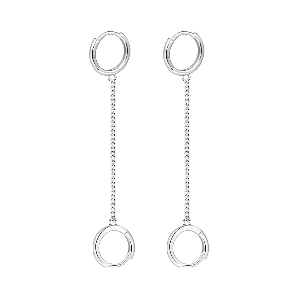 Set Di 2 Orecchini A Doppio Cerchio In Argento 925 Con Catena - Huggie E Pendenti Per Donna, Ragazza, Uomo - Ipoallergenici