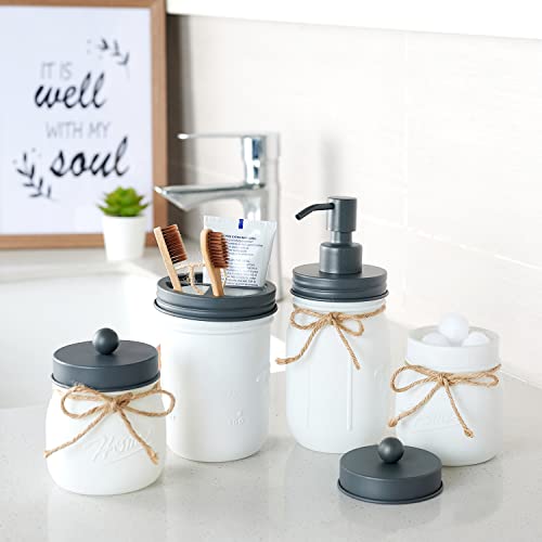 Mason Jar Bathroom Accessories Set (4 Pack)—White Retro Mason Jar Lotion Soap Dispenser&2 Apothecary Jars&Toothbrush Holder- Rustic Farmhouse ,Bathroom Home Decor ,Countertop Vanity Organizer (Grey) #TOP1